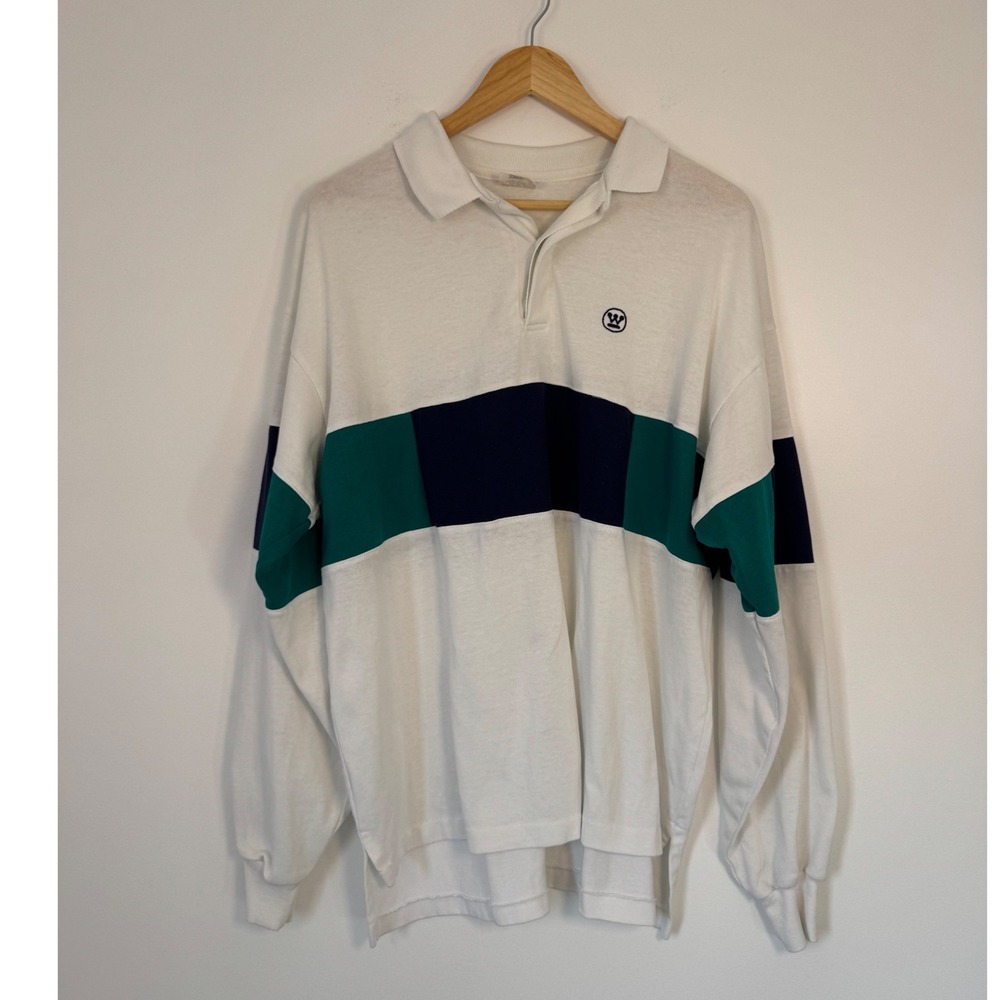 Vintage King Louie Mens XL Rugby Polo Shirt White Colorblock Long Sleeve USA‎